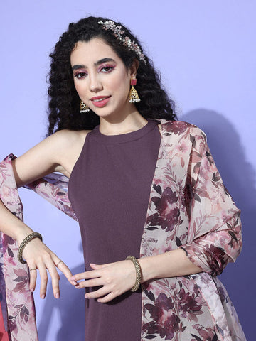 Purple Halter Neck Straight Kurta Paired With Tonal Bottom And Printed Dupatta